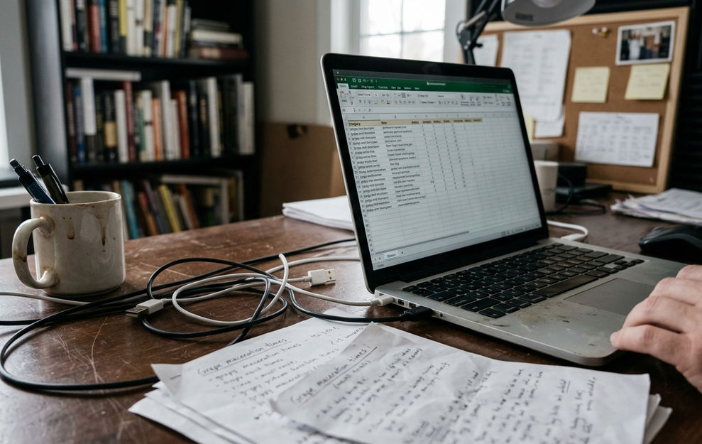 Documentary take on Content creation workspace, clean aesthetic buried under authentic clutter