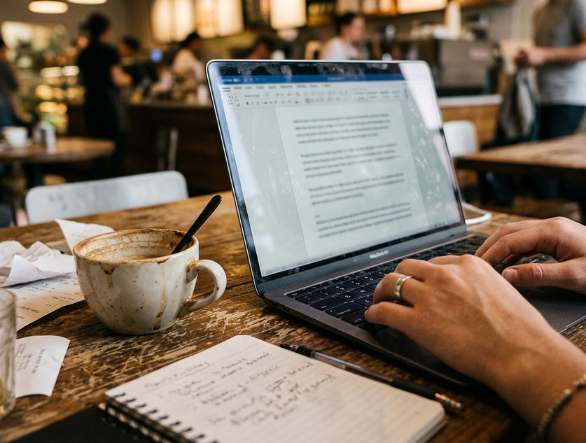 Observational Coffee shop working environment serving as an active blog workspace
